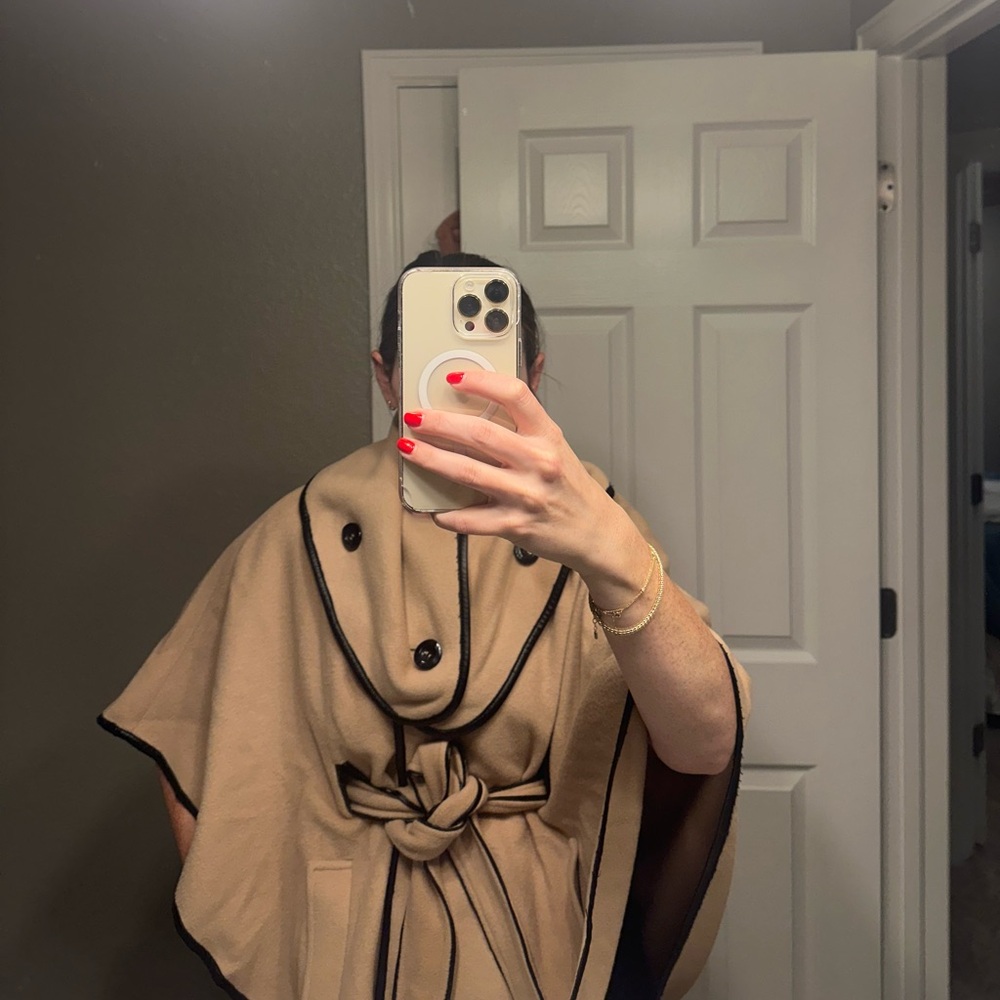 Elegant camel Cape Coat with Black Trim